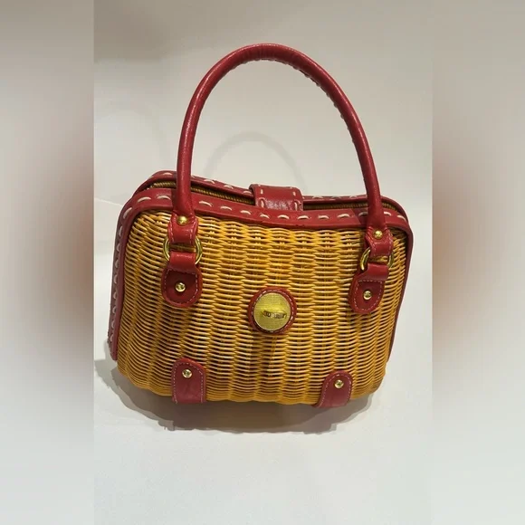 Red Leather Trimmed Woven Rattan Wicker Handbag Vintage chic elegant preppy bag - Picture 9 of 12